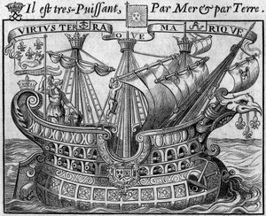 Alegoria władzy francuskiej: „Okręt państwa”, symbol Francji, również przypomina broń miasta Paryż. Fragment „Livre des monnoyes etrangeres ou le grand banker de France” (1687) autorstwa Francois Barreme (1638-1703), francuskiego matematyka. Eng autorstwa French School