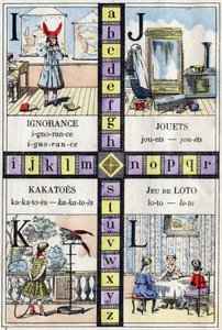 Alfabet i litera I J K i L, ignorancja, zabawki, kakato i gra w lotto. ABC małych dziewczynek. Obrazowanie epinal autorstwa French School