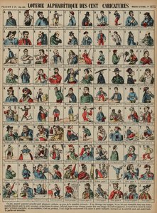 Alfabetyczna loteria stu karykatur (kolorowy grawer) autorstwa French School