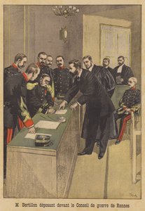 Alphonse Bertillon zeznający przed drugim sądem wojennym Alfreda Dreyfusa w Rennes autorstwa French School