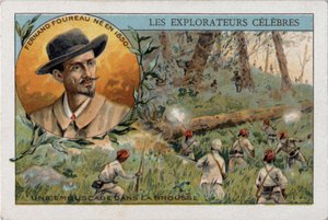 Zasadzka w afrykańskim buszu podczas wyprawy francuskiego odkrywcy Frenanda Fourreau (1850 - 1914). Chromolitografia XIX wieku. autorstwa French School