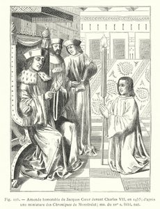 Honorowe poprawki Jacques Coeur przed Karolem VII, w 1453; po miniaturze z Chroniques de Monstrelet; ms z XV w., Biblia nat (rycina) autorstwa French School