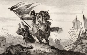 Francuski rycerz w bitwie z VIII wieku, z "Histoire de France" Colarta, opublikowanego ok. 1840 r. (rycina) autorstwa French School