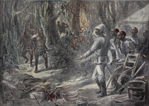 Angielski podróżnik Lloyd odkrywa Pigmejów podczas eksploracji Afryki. Grawerowanie w „Le Pelerin”” 8.04.1899. autorstwa French School