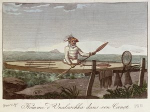Mieszkaniec wyspy Unalaska w swoim kajaku, 1811 autorstwa French School