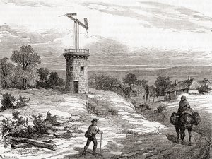Powietrzna poczta telegraficzna w XVIII w. z Les Merveilles de la Science, wydana ok. 1870 r. (rycina) autorstwa French School
