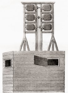 Powietrzny system telegraficzny używany w Anglii w XVIII wieku z Les Merveilles de la Science, opublikowany ok. 1870 r. (grafika) autorstwa French School