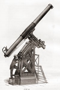 Teleskop równikowy w Obserwatorium Paryskim we Francji w XIX wieku z Les Merveilles de la Science, opublikowany ok. 1870 (rycina) autorstwa French School