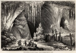 Wewnętrzny widok jaskini Antiparos, wyspa Cyklady, rysunek Emile Rouargue (około 1895-1865), ilustrujący wizytę w jaskini Antiparos, w 1859 roku, przez E.A.Spoll. Rycina w "Le tour du monde" 1861. Kolekcja Selva. autorstwa French School