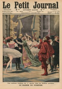 Dziwna tradycja 1 stycznia w teatrach paryskich, "pocałunek strażaka", ilustracja na okładce z "Le Petit Journal", supplement illustre, 4 stycznia 1914 r.
