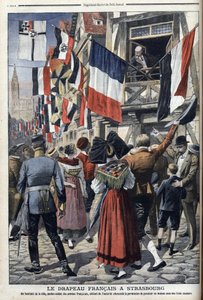 Stary francuski żołnierz w okupowanym przez Niemców Strasburgu może wywiesić francuską flagę – „Le Petit Journal” 20 września 1908 (rycina) autorstwa French School