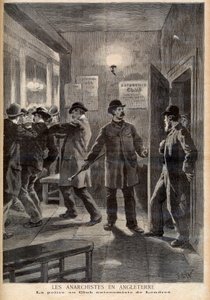 Anarchiści w Anglii. Policja przeprowadza nalot na Autonomy Club w Londynie. Anarchiści w Anglii. Policja w Londyńskim Klubie Autonomicznym. Ilustracja do Le petit Journal, 5 marca 1894 r autorstwa French School