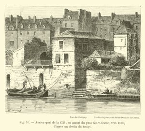 Dawne quai de la Cite, w górę rzeki od mostu Notre-Dame, około 1780 r.; z ówczesnego rysunku autorstwa French School
