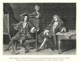 Andre Campra i Antoine Danchet ze swoim przyjacielem Bon Boulogne, autorami Europe galante, dzieła, które doprowadziło do pierwszego uregulowania praw autorskich w Operze (grafika) autorstwa French School
