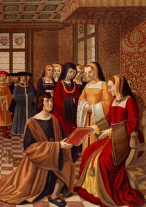 Anna z Bretanii (1477-1514) otoczona damami honoru. Chromolitografia po miniaturze z XVI wieku. Biblioteka Art Deco, Paryż autorstwa French School