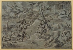 Anonimowy po Mistrzyni Gobelinu Diany, Diane, polująca ze swoimi towarzyszami, na celowniku Amour łucznika, ok. godz. 1590-1600, szare pranie autorstwa French School