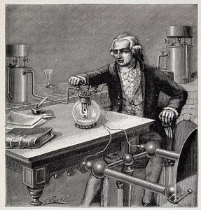 Antoine Laurent de Lavoisier (1743-1794) prowadzący eksperyment - w „Fizyce popularnej” Emile’a Desbeaux autorstwa French School