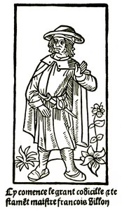 Apokryficzny portret poety Francois Villon w „Wielkim Testamencie” – „Cy comence le grant codicille & testamet maistre Francois Villon”” (tu zaczyna się wielki codicille et testament) wydanie P Levet 1489 (drzewryt) autorstwa French School