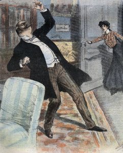 Apopleksja (nagłe ustanie aktywności mózgu z powodu wypadku krążenia krwi w mózgu). Ilustracja końca XIX wieku do powieści „Gogosse” Maxa Villemera. autorstwa French School