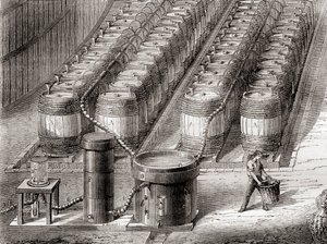 Aparatura używana do wytwarzania gazowego wodoru poprzez działanie kwasu siarkowego na żelazo podczas napełniania balonu, z „Les Merveilles de la Science”, opublikowanej ok. 1870 r. (lito) autorstwa French School