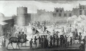 Arab Fighters Exercising in Yemen z Description of Arabia postarał się o własne obserwacje i opinie zebrane w tych samych miejscach przez Carstena Niebuhra, opublikowane 1774 autorstwa French School