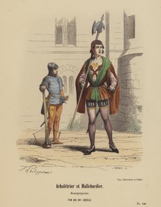 Kusznik i Halberdier, Burgundowie, koniec XV w. (kolorowa grawerunek) autorstwa French School