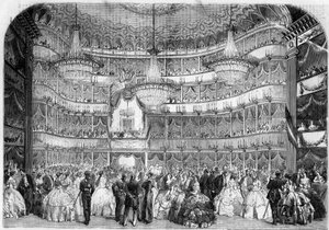 Architektura: widok wnętrza Teatru Królewskiego (XIX w.) w Nicei (Alpes Maritimes, 06), w 1858 r. podczas balu charytatywnego wydanego przez Societe francaise d