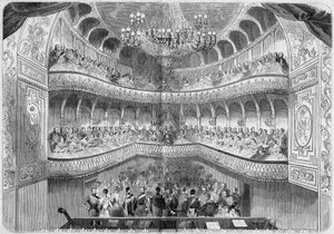 Architektura: widok wnętrza teatru (XVIII w.) pałacu Fontainebleau. Grawer w „”Le Monde Illustré”” nr 61 z dnia 12 czerwca 1858 r. autorstwa French School