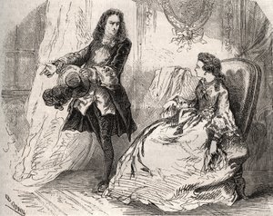 Armande Bejart (1641-1700), żona Jeana Baptiste Poquelin dit Moliere (1622-1673) ze swoim kochankiem, hrabią Guiche, Rycina z 1871 roku w „Histoire Des Cocus Celebres” Henry de Kocka (1819-1892). autorstwa French School