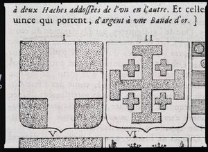 Armes de Montmorency et Godefroy de Bouillon - w „”The vraye and perfect science of herb or index of arms”” Pierre Paillot autorstwa French School