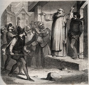 Arnaud du Tilh (Thil) jest przywiązany do szubienicy i przed egzekucją poddany zniewagom tłumu za uzurpację tożsamości Martina Guerre (ok. 1524, ok. 1560). Grawerunek z 1871 r. w „Histoire Des Cocuses Celebres” Henry