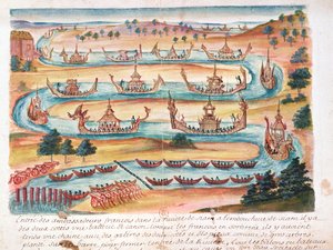 Przybycie ambasadorów francuskich do Syjamu, z relacji jezuitów w Syjamie, 1688 (wc na papierze) autorstwa French School