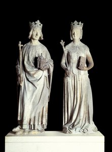 Art France: Posągi króla Francji Karola V znanego jako Karol Mądry (1338-1380) i królowej Francji Jeanne de Bourbon (1337-1378). Rzeźba w wapieniu z XIV wieku. Prawdopodobnie z fasady wschodniego wejścia do Luwru (dekor autorstwa French School