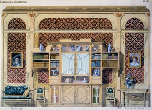 Biblioteka w stylu secesyjnym, ilustracja z magazynu Interieurs Modernes (Wnętrza nowoczesne) autorstwa French School