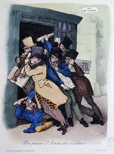 Artyści oblegający drzwi Wydawnictwa, ok. 1830 (kolor lito) autorstwa French School