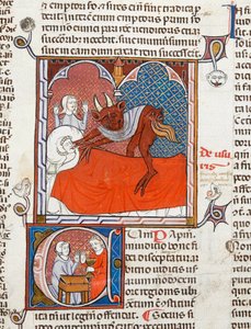 Arundel 484 f.245 Diabeł lub demon na łóżku zmarłego, ilustracja z Digestum Vetus z gloss ordinaria, Justynian, ok. 1300-10 (welum) autorstwa French School