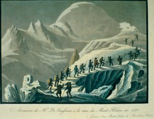Wejście pana De Saussure na szczyt Mont Blanc w 1787 r., z Narracji o wspinaczce na szczyt Mont Blanc autorstwa Charles Fellows (1799-1860), opublikowanej w 1827 r. autorstwa French School