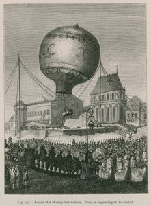 wzlot balonu Montgolfier; z rycin z epoki autorstwa French School