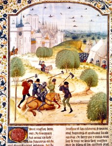 Zabójstwo angielskiego rycerza pod Paryżem w 1437 r. (Wojna 100-letnia) iluminacja z Kronik Anglii napisana przez Jeana de Wavrina autorstwa French School