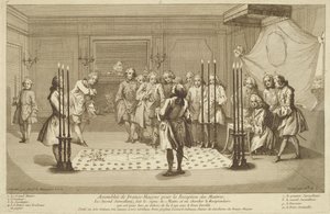Zgromadzenie masonów przed inicjacją mistrza, z Ceremonii religii i zwyczaju c.1733 autorstwa French School