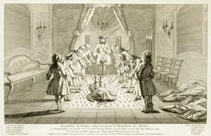 Zgromadzenie masonów do inicjacji mistrza, z Ceremonii religii i zwyczaju, c.1733 autorstwa French School