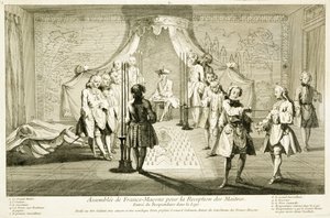 Zgromadzenie masonów w sprawie inicjacji mistrza, wejście kandydata do loży, z Ceremonii religii i zwyczaju, c.1733 autorstwa French School