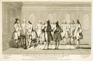 Zgromadzenie masonów w celu zainicjowania praktykanta, z Ceremonii religii i zwyczaju, c.1733 autorstwa French School