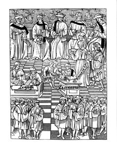 Zgromadzenie Provostship of the Merchants of Paris, według drzeworytu w Ordannances Royaux de la Jurisdiction de la Prevote de Marchands et Eschevinage de la Ville de Paris autorstwa Jacquesa Nyverda, publis autorstwa French School