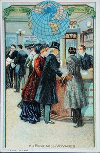 „W biurach podróży”, z serii kart kolekcjonerskich dla dzieci, ok. 1880-90 (kolor lito) autorstwa French School