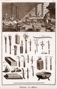 Warsztat złotnika na metalach - „” The Great Encyclopedia lub Dictionnaire Raisonne des Sciences, des Arts et des Metiers” (Encyklopedia lub słownik nauk, sztuki i zawodów) autorstwa Denisa Diderota (1713-1784) i Jeana d