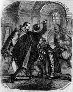 Próba zabójstwa Jeana Chastela (Jean Chatel) (1575-1594) na króla Francji Henryka IV w dniu 27 grudnia 1594. Rycina z XIX wieku. autorstwa French School