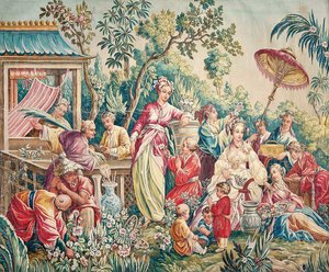 Kreskówka Aubusson na ścianę z postaciami w orientalnym ogrodzie autorstwa French School