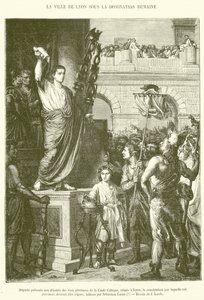 August przedstawia deputowanym trzech prowincji celtyckiej Galii, zebranym w Lyonie, konstytucję, zgodnie z którą te prowincje powinny być zarządzane (rycina) autorstwa French School