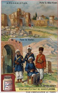 Brama Bala-Hissa w Afganistanie i żołnierze armii afgańskiej na przejściu Khaiber. Chromolitografia reklamowa XIX wieku. autorstwa French School